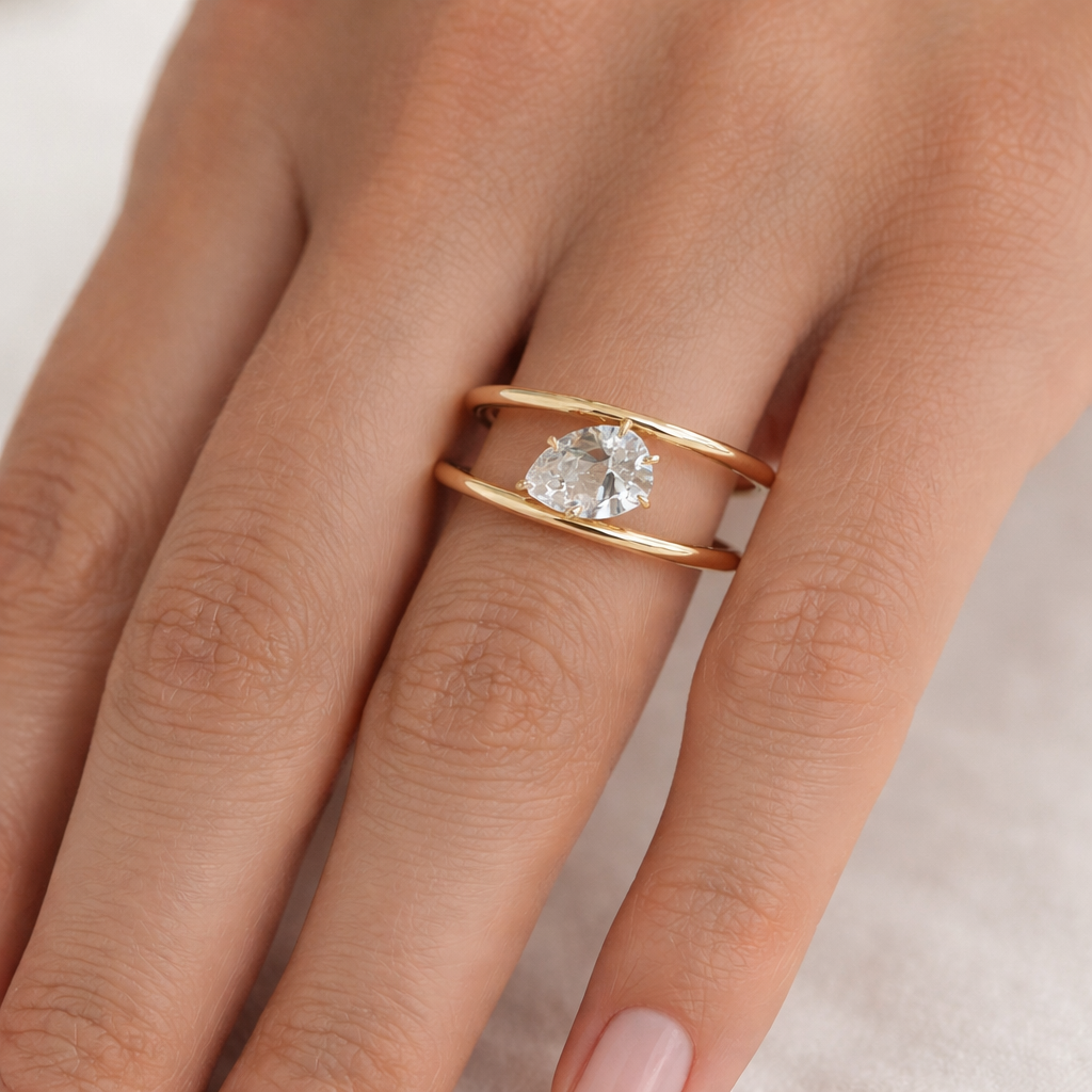 "DBAND01984" Unique Split Shank Engagement Ring With Pear Shaped Diamond in 14K Gold