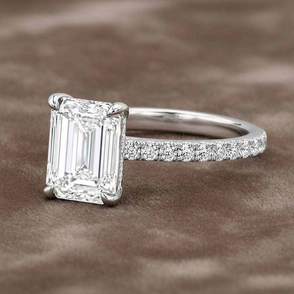 "ENGR03003" Emerald Cut Solitaire Diamond Engagement Ring With Pave