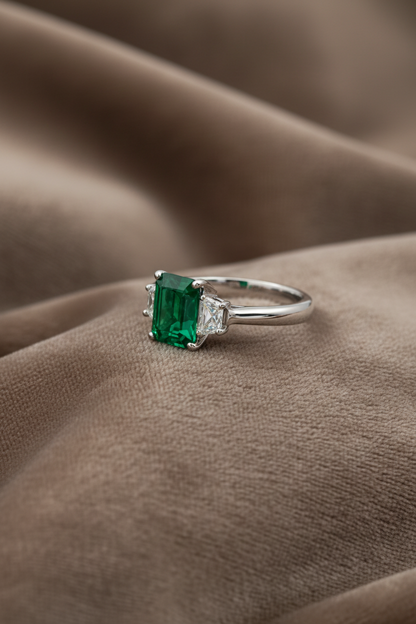 Natural Three Stone Emerald Cut-Emerald & Trillion Side Stones RINGS1122~ 1.53 carats