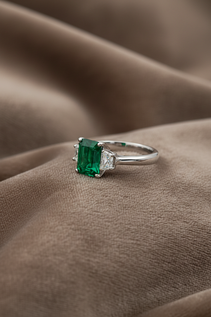 Natural Three Stone Emerald Cut-Emerald & Trillion Side Stones RINGS1122~ 1.53 carats