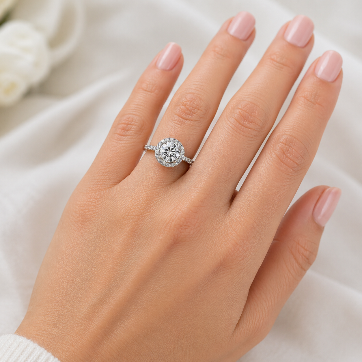 "ENGR02907" 1.21 Carat Round Diamond with Petite Halo and Micropave in 18K White Gold