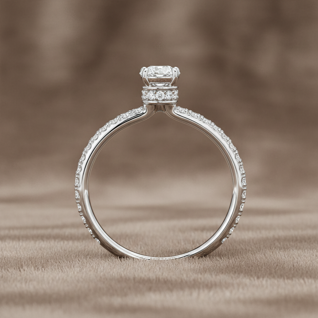 "ENGR03232" 0.73 Carat Round Diamond with Hidden Halo Pavé Style Engagement Ring in 18K White Gold