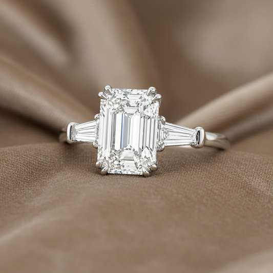 "ENGR03323" Emerald Shaped Diamond Baguette Three Stone Engagement Ring