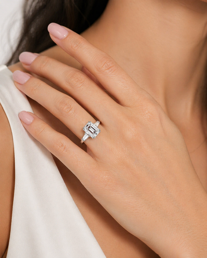 "ENGR03323" Emerald Shaped Diamond Baguette Three Stone Engagement Ring