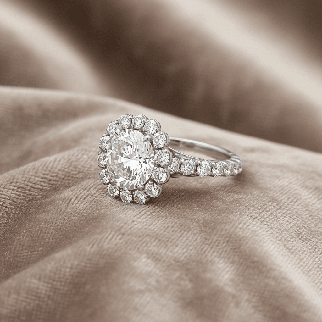 3.87 Total Carat Round Halo and Pave Set Engagement Ring H VS2