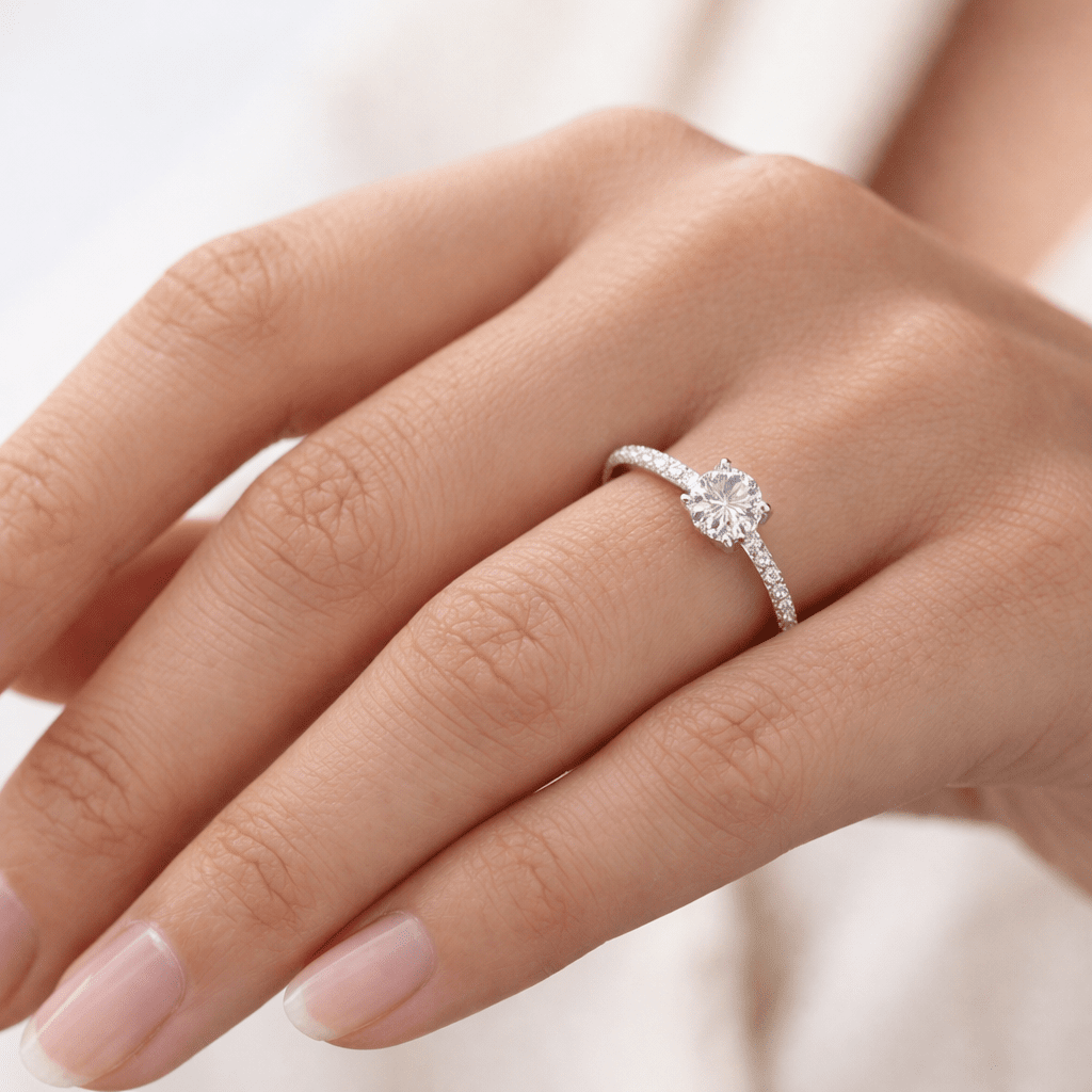 "ENGR03354" 0.99 Carat Round Diamond With Pavé Cathedral Setting in 18K White Gold