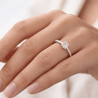 "ENGR03354" 0.99 Carat Round Diamond With Pavé Cathedral Setting in 18K White Gold