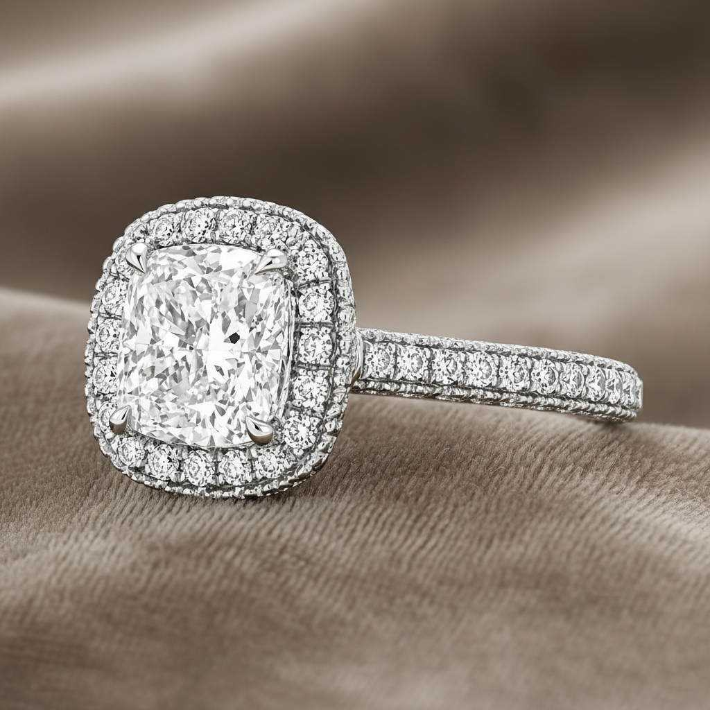 "ENGR03293" Cushion Shaped Diamond Halo Engagement Ring in Platinum