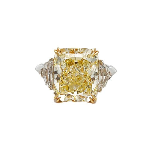 GIA Certified 7.01 Carats Cut-Cornered Rectangular Modified Brilliant Fancy Light Yellow Diamond Three-Stone Engagement Ring in Platinum