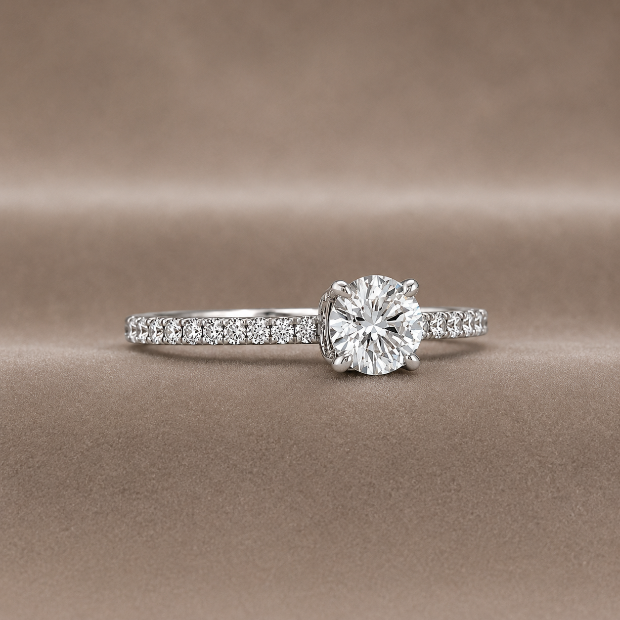 "ENGR03232" 0.73 Carat Round Diamond with Hidden Halo Pavé Style Engagement Ring in 18K White Gold