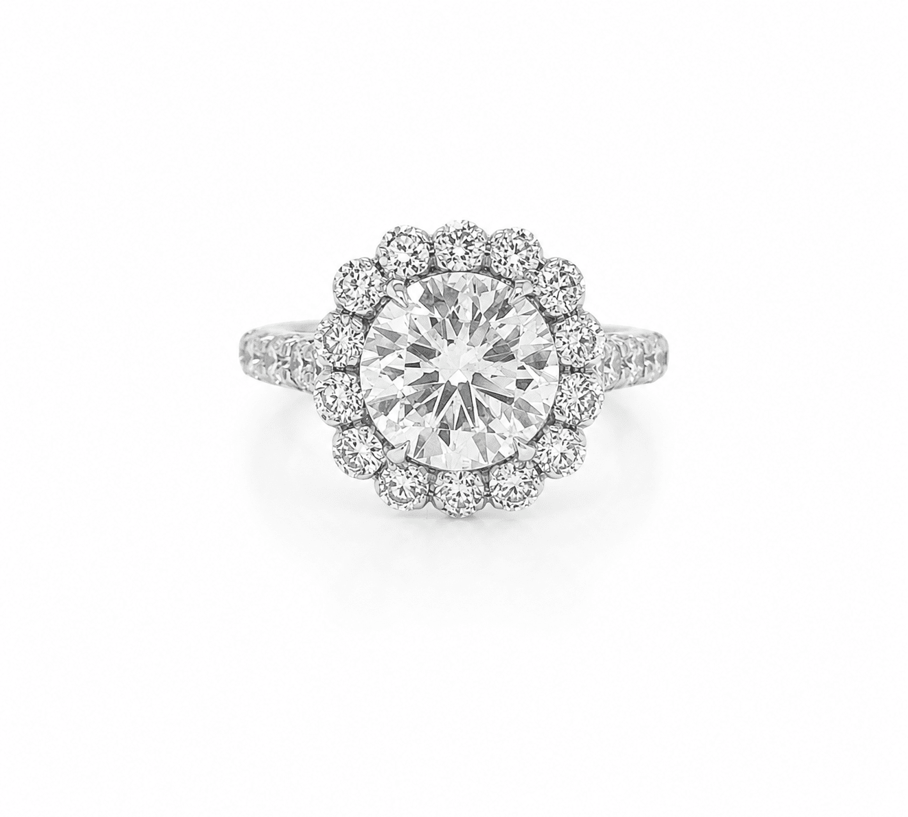 3.87 Total Carat Round Halo and Pave Set Engagement Ring H VS2