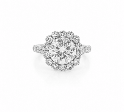 3.87 Total Carat Round Halo and Pave Set Engagement Ring H VS2