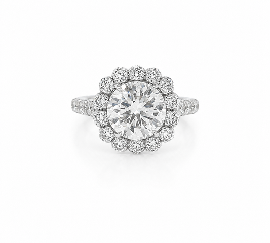 3.87 Total Carat Round Halo and Pave Set Engagement Ring H VS2