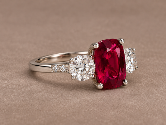 Platinum 3 Stone Diamond & Ruby Ring