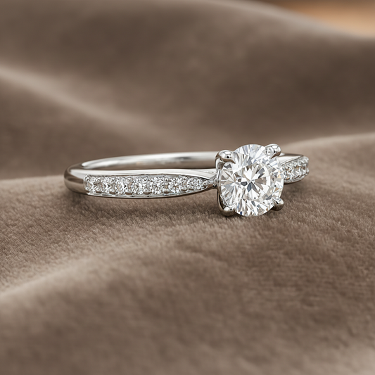 "ENGR03356" 0.90 Carat Round Brilliant Diamond Classic Cathedral Style Engagement Ring in 18K White Gold