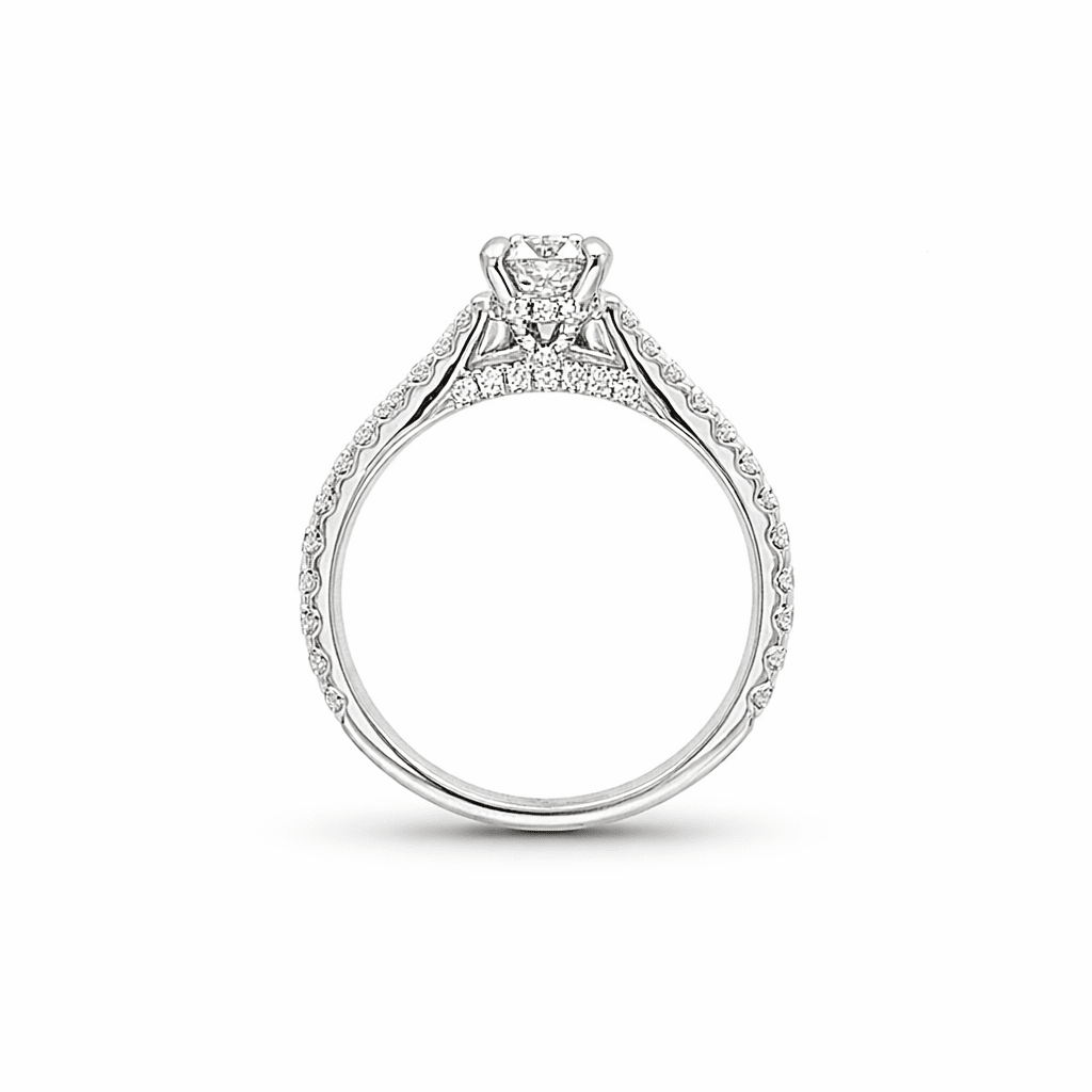 "ENGR03354" 0.99 Carat Round Diamond With Pavé Cathedral Setting in 18K White Gold