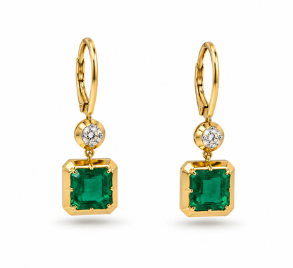 Colombiam Emerald & Diamond Asscher - Cut Drop Earrings 14K Yellow Gold