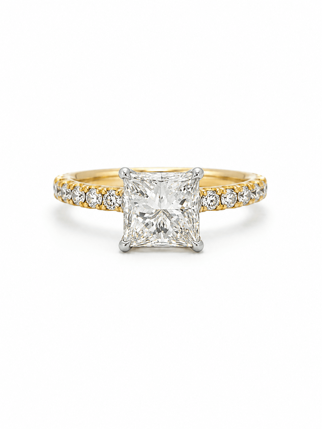 "ENGR03292" Two Tone Princess Cut 18K Yellow Gold and Platinum Ring