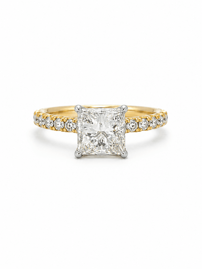 "ENGR03292" Two Tone Princess Cut 18K Yellow Gold and Platinum Ring