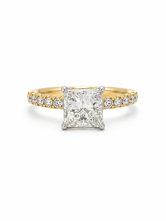 "ENGR03292" Two Tone Princess Cut 18K Yellow Gold and Platinum Ring