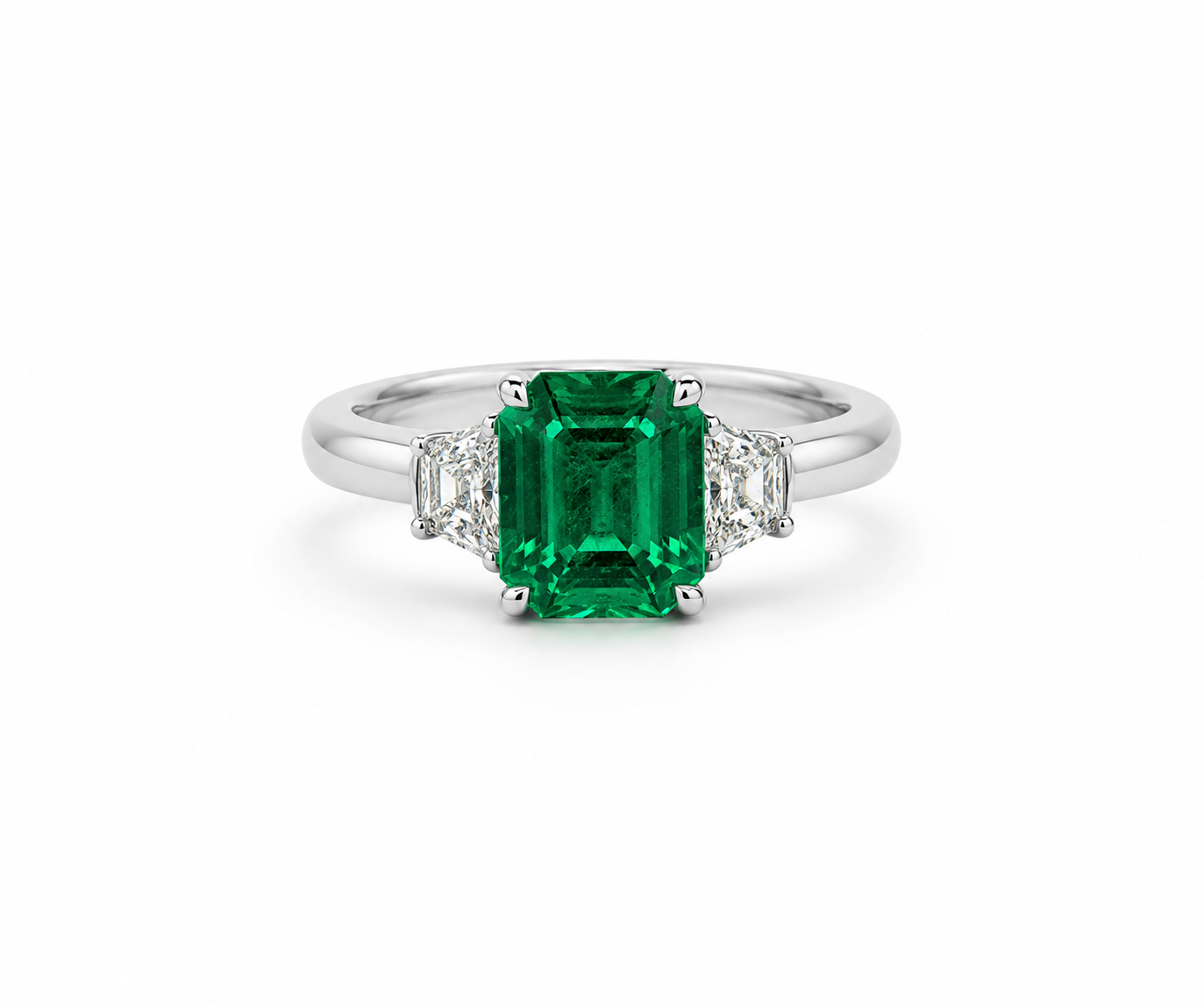 Natural Three Stone Emerald Cut-Emerald & Trillion Side Stones RINGS1122~ 1.53 carats