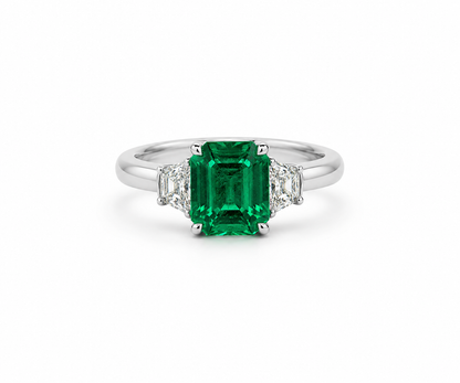Natural Three Stone Emerald Cut-Emerald & Trillion Side Stones RINGS1122~ 1.53 carats