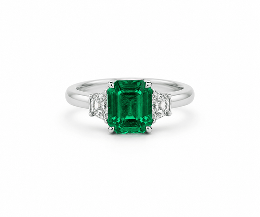 Natural Three Stone Emerald Cut-Emerald & Trillion Side Stones RINGS1122~ 1.53 carats
