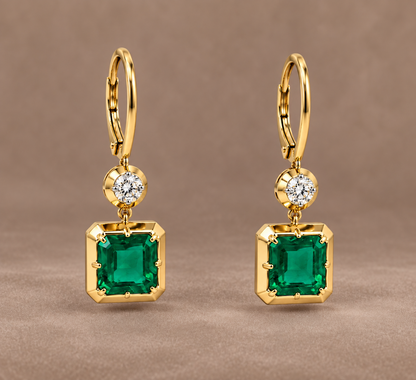 Colombiam Emerald & Diamond Asscher - Cut Drop Earrings 14K Yellow Gold
