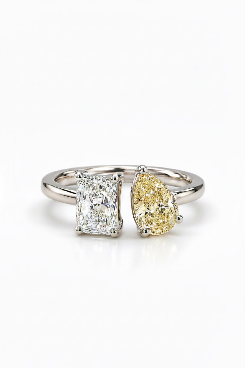 Lab Grown Diamond RING1080~ Toi et Moi, Radiant & Fancy Yellow Pear Cut