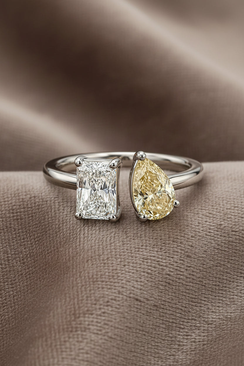 Lab Grown Diamond RING1080~ Toi et Moi, Radiant & Fancy Yellow Pear Cut