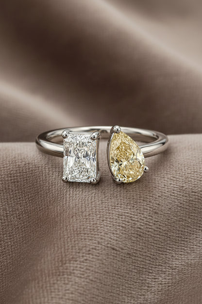 Lab Grown Diamond RING1080~ Toi et Moi, Radiant & Fancy Yellow Pear Cut