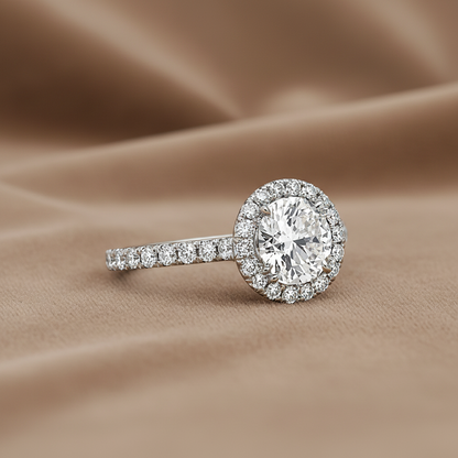 "ENGR02907" 1.21 Carat Round Diamond with Petite Halo and Micropave in 18K White Gold