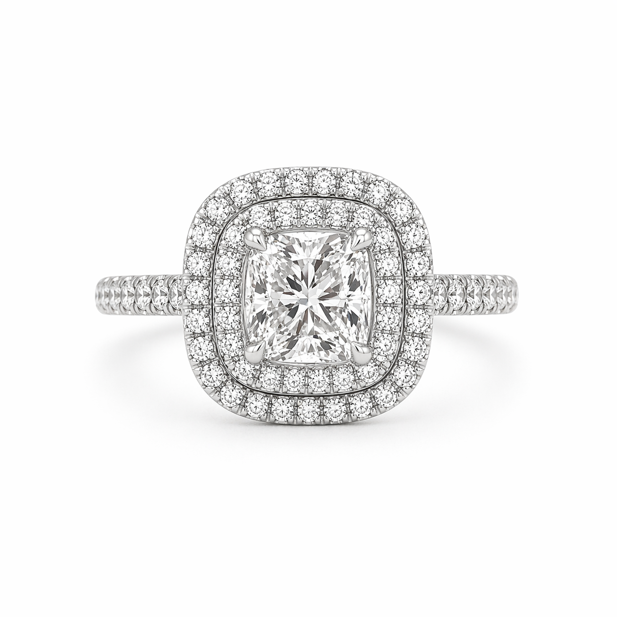 "ENGR03388" Cushion Shaped Diamond Double Halo Engagement Ring in White Gold