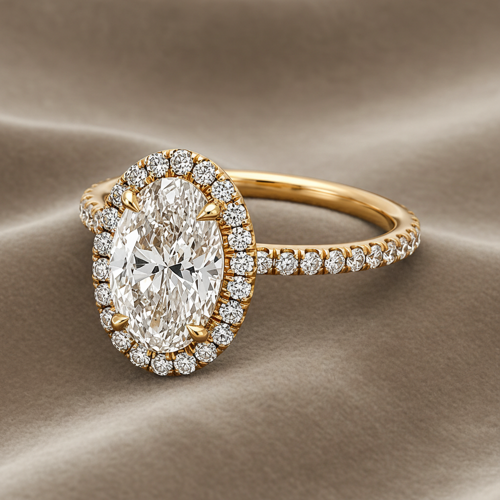 "ENGR03223" Oval Shaped Diamond Halo Engagement Ring with Pave Band