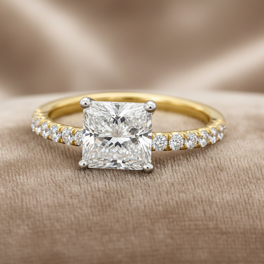 "ENGR03292" Two Tone Princess Cut 18K Yellow Gold and Platinum Ring