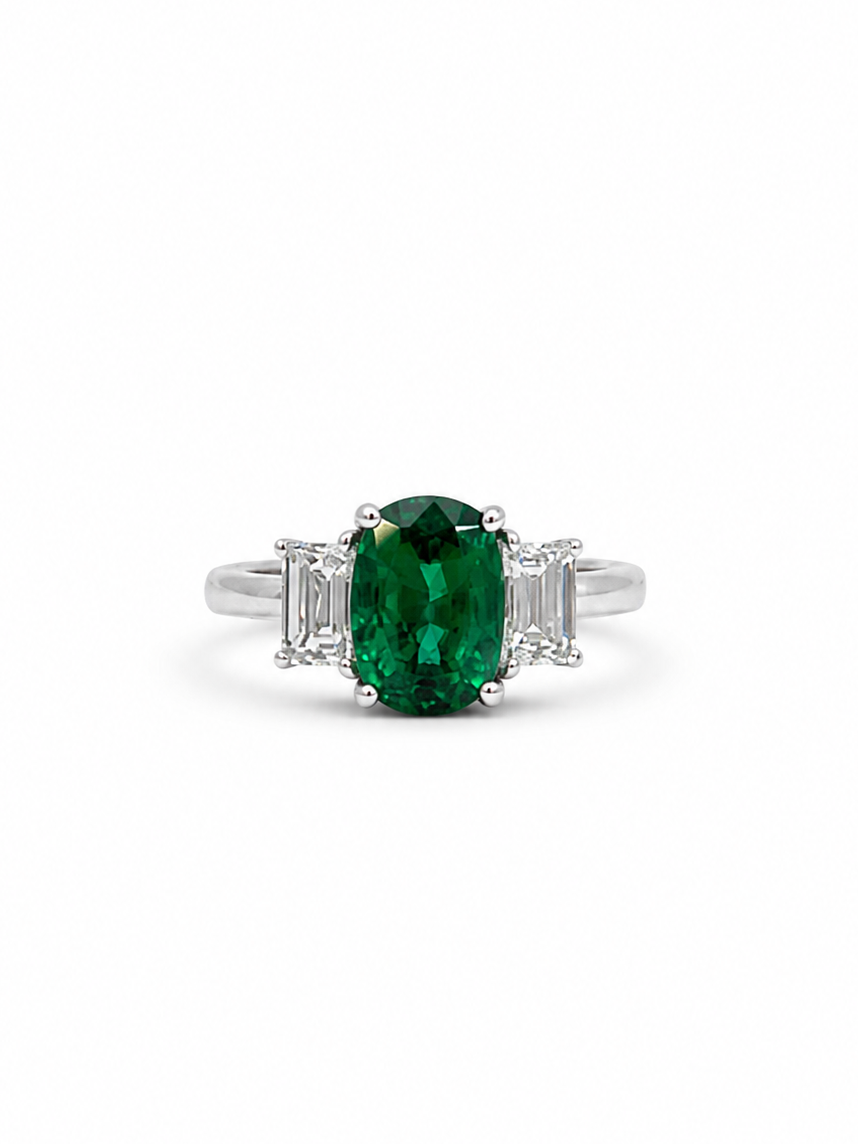 Natural Cushion & Emerald Cut Diamond Three Stone Ring RINGS1123