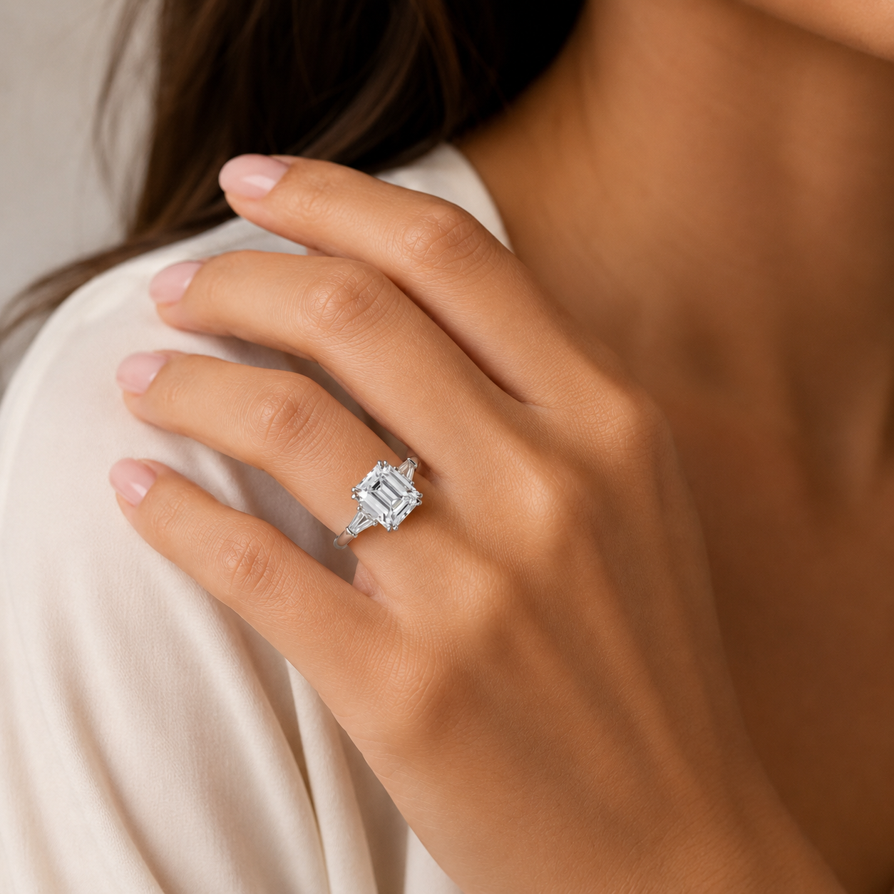 "ENGR03323" Emerald Cut GIA Diamond With Baguettes Three Stone Engagement Ring In Platinum