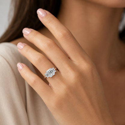 "ENGR03049" Three Stone Emerald Cut Diamond Engagement Ring