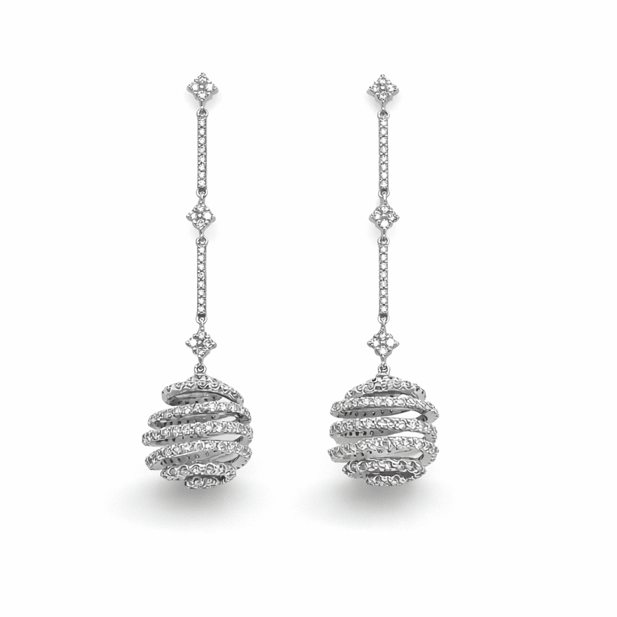 3.92 Carat Round Spiral Dangle Earrings in 18K White Gold