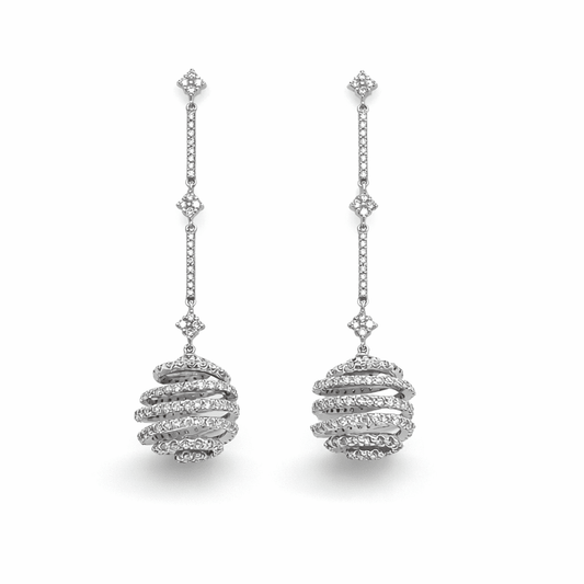 3.92 Carat Round Spiral Dangle Earrings in 18K White Gold