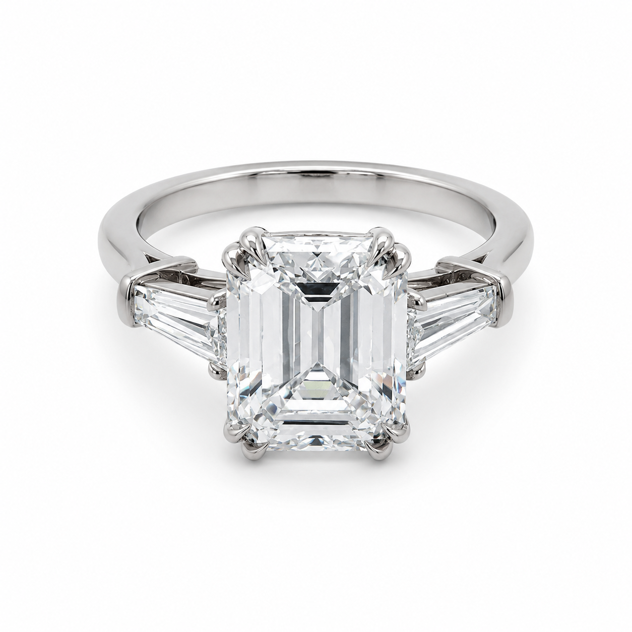 "ENGR03323" Emerald Cut GIA Diamond With Baguettes Three Stone Engagement Ring In Platinum