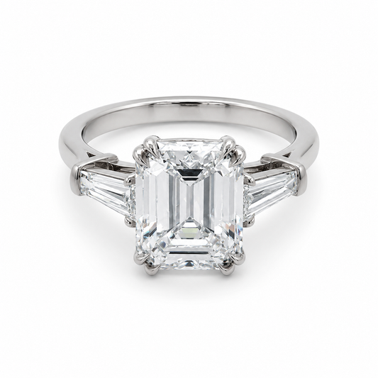 "ENGR03323" Emerald Cut GIA Diamond With Baguettes Three Stone Engagement Ring In Platinum