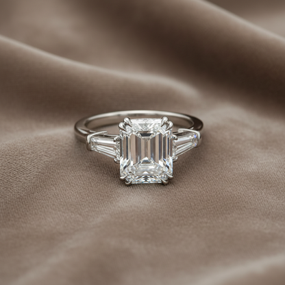 "ENGR03323" Emerald Cut GIA Diamond With Baguettes Three Stone Engagement Ring In Platinum