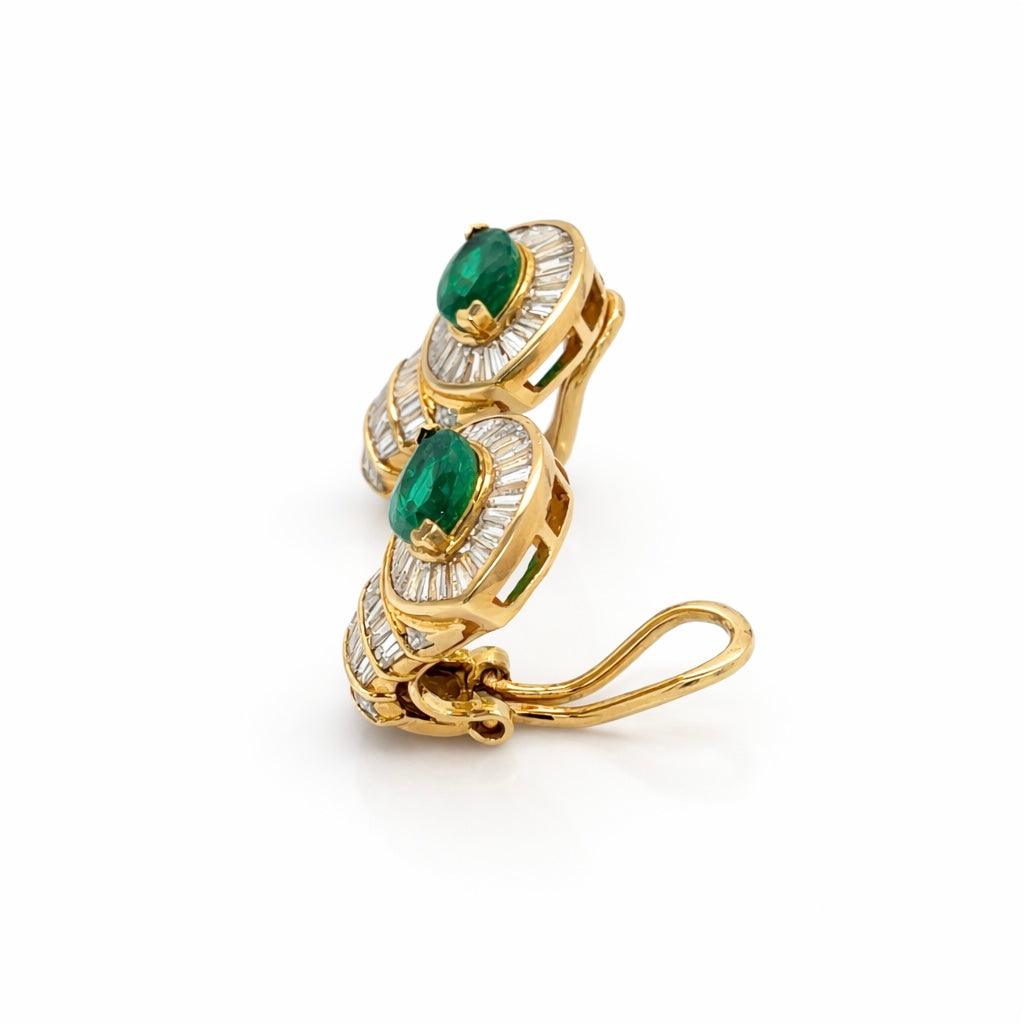5.10 Total Carat 18K Yellow Gold Diamond & Colombian Marquise Emerald Earrings