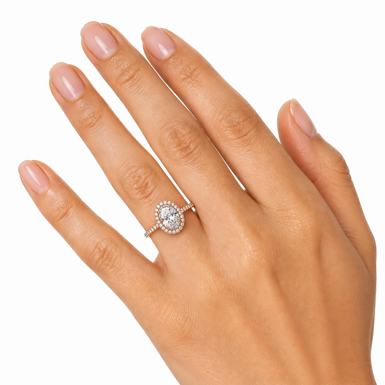 "ENGR03223" Oval Shaped Diamond Halo Engagement Ring with Pave Band