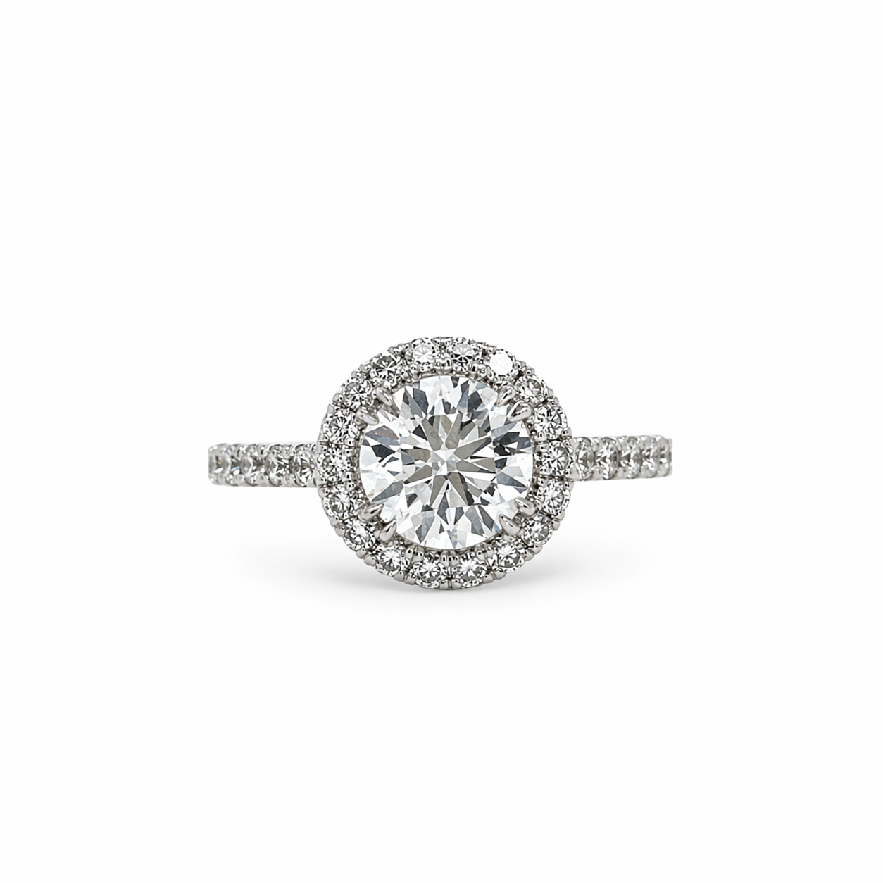"ENGR02907" 1.21 Carat Round Diamond with Petite Halo and Micropave in 18K White Gold