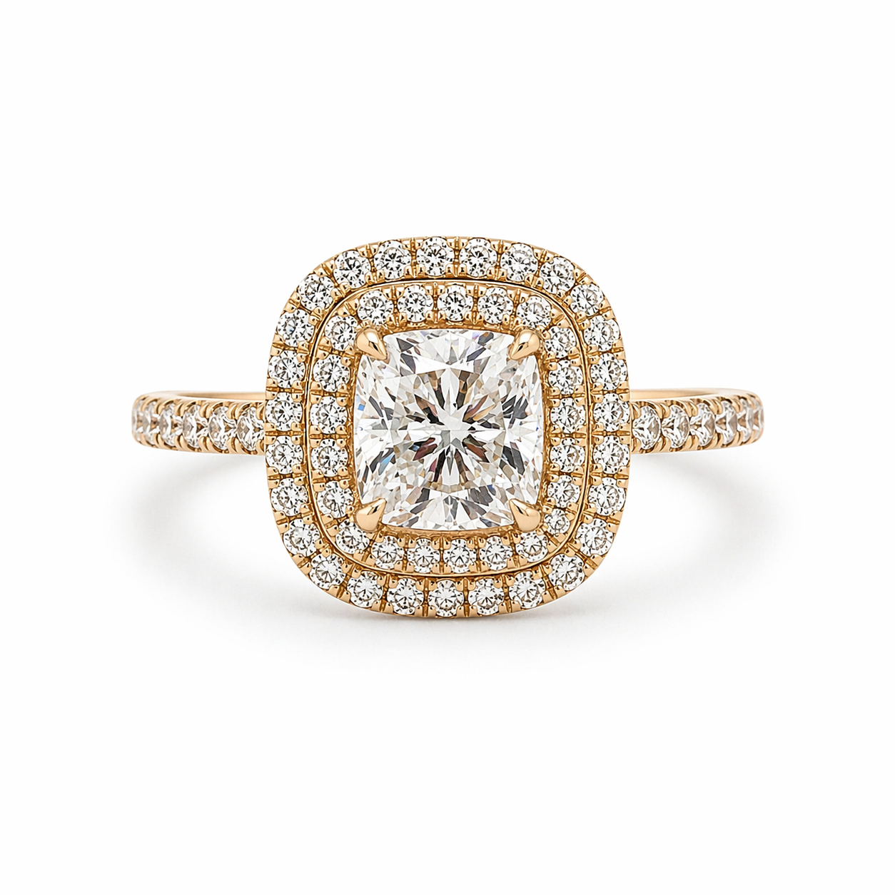"ENGR03389" Diamond Double HaloHand Set Pave Engagement Ring in Yellow Gold