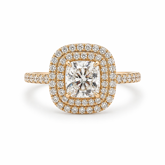 "ENGR03389" Diamond Double HaloHand Set Pave Engagement Ring in Yellow Gold