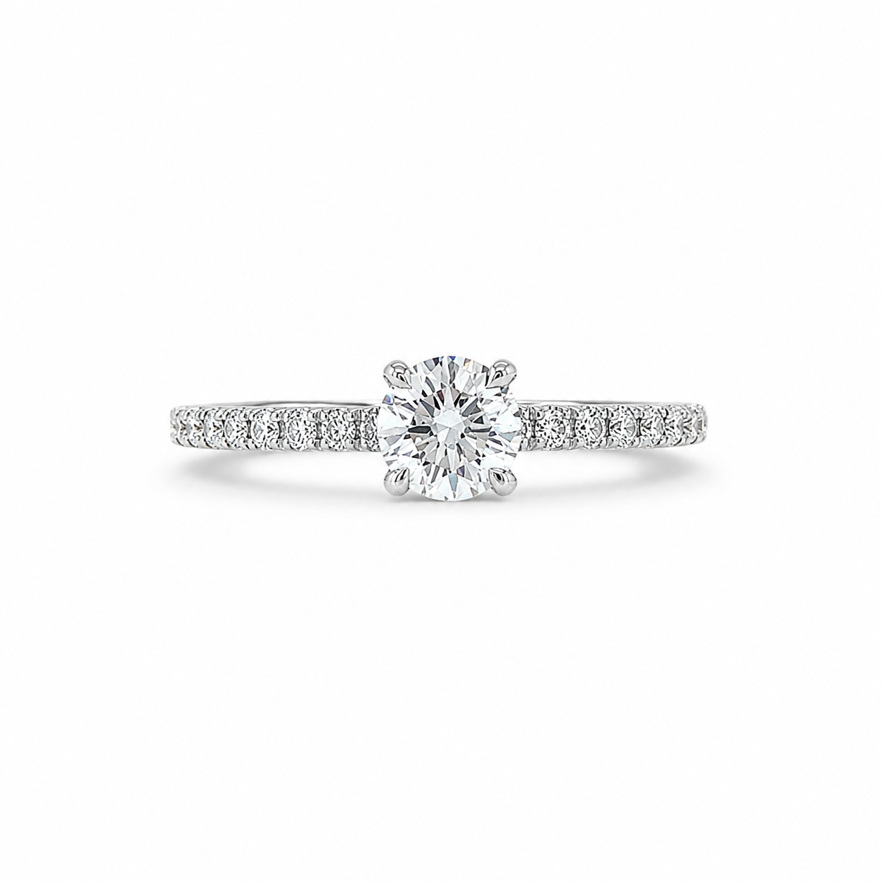 "ENGR03232" 0.73 Carat Round Diamond with Hidden Halo Pavé Style Engagement Ring in 18K White Gold