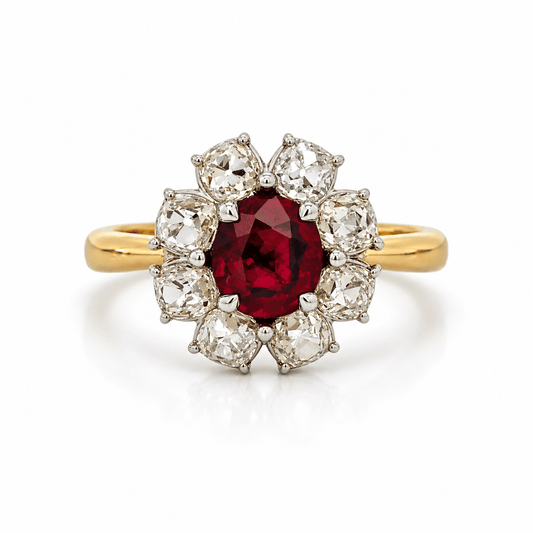 18K Yellow Gold Antique Old European Style Ruby & Diamond Ring